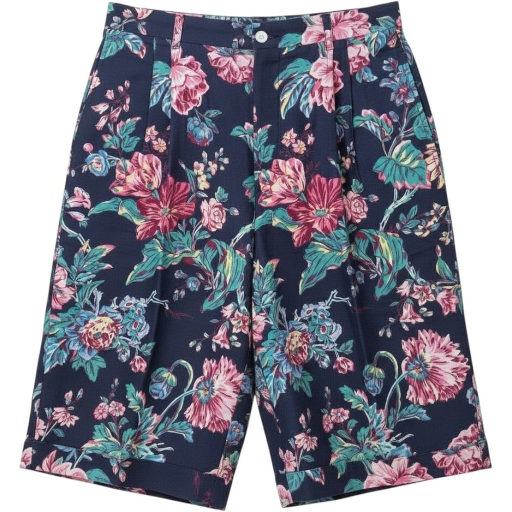 Corbin Ltd Floral Pleated Shorts Womens Medium Navy Blue Vintage Chintz Style